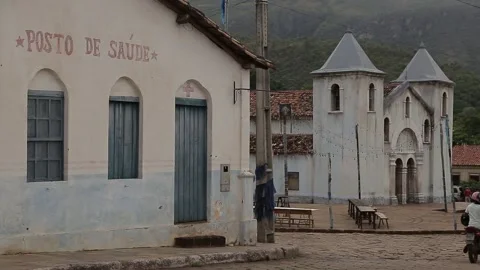 Historic Posto de Saúde and church, Natividade, Tocantins Stock Footage 317789689