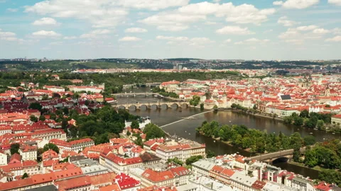Historic Prague cityscape features Vltava River and multiple bridges in Czechia 動画素材 341345092