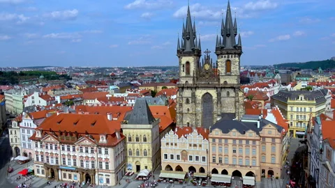 Historic Prague Old Town Square, Týn Church, and city view. Stock Footage 339010838