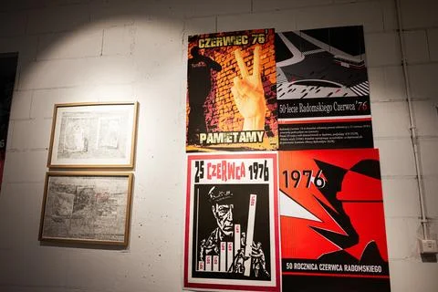 Historic protest posters on a gallery wall commemorating Czerwiec 1976 in R.. Stock Photos