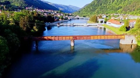 Historic railway bridge over river Stockbeeldmateriaal 335941728