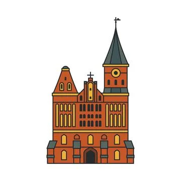 Historic red brick cathedral with clock tower and spire. Illustration. Obje.. Stock Illustration