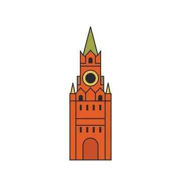 Historic red brick clock tower with spire and arched entrance. Illustration.. Stock Illustration