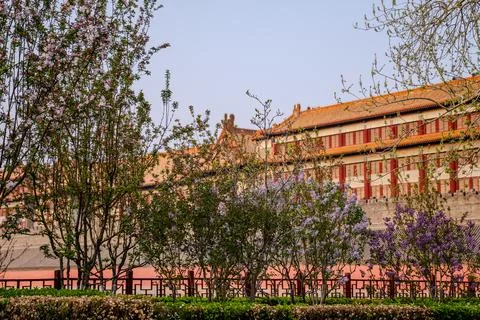 Historic red building behind spring trees in Beijing Stock Photos