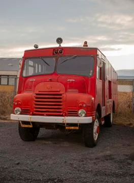 Historic red fire engine in a parking lot in Reykjavik, Iceland. Retro car in Stock Photos