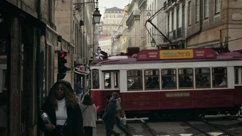 Historic red Lisbon tram Видео 343131157