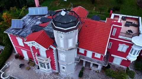 Historic Red Villa with Clock Tower in Italy Stock Footage 340655837