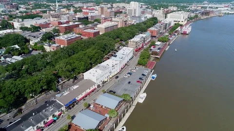Historic Riverfront Savannah Georgia aerial drone video Stock Footage