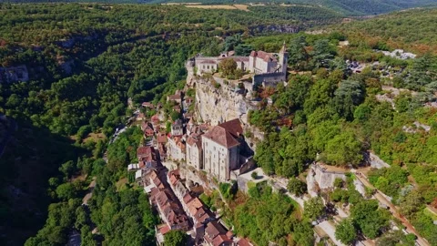 Historic Rocamadour Built into Limestone Cliffs, Aerial View France Video stock 345053145