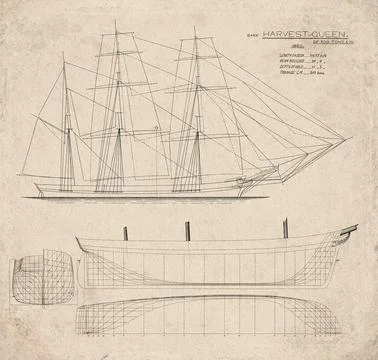 Historic Sailing Ship Plan, Bark Built in 1860, Harvest Queen, Vintage Mari.. Stock Illustration