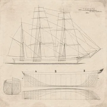 Historic Sailing Ship Plan, Bark Built in 1857, Trieste, Vintage Maritime D.. Stock Illustration