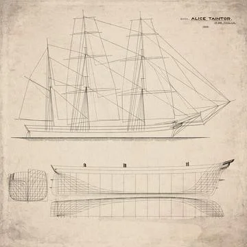 Historic Sailing Ship Plan, Barque Built in 1855, Alice Taintor, Vintage Ma.. Stock Illustration