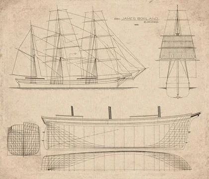 Historic Sailing Ship Plan, Barque Built in 1869, James A. Borland, Vintage.. Stock Illustration