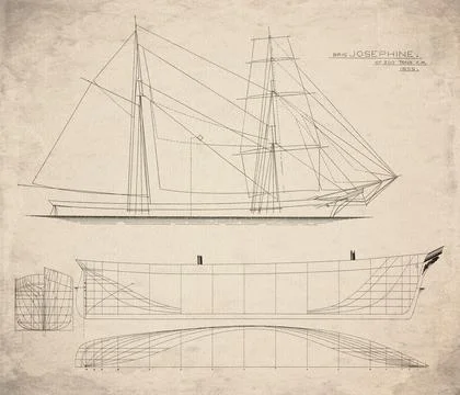 Historic Sailing Ship Plan, Brig Built in 1855, Josephine, Vintage Maritime.. Stock Illustration