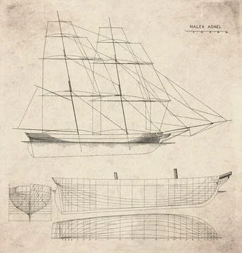 Historic Sailing Ship Plan, Brig Built in 1840, Malek Adhel, Vintage Mariti.. Stock Illustration