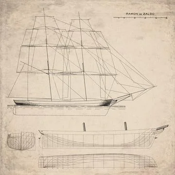 Historic Sailing Ship Plan, Brig Built in 1844, Ramon De Zaldo, Vintage Mar.. Stock Illustration
