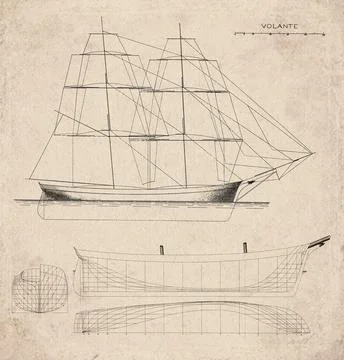 Historic Sailing Ship Plan, Brig Built in 1853, Volante, Vintage Maritime D.. Stock Illustration