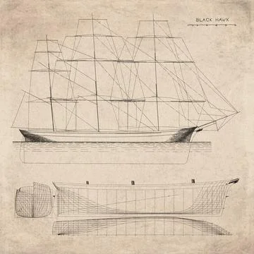 Historic Sailing Ship Plan, Clipper Ship Built in 1857, Black Hawk, Vintage.. Stock Illustration