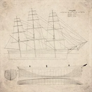 Historic Sailing Ship Plan, Clipper Ship Built in 1851, Challenge, Vintage .. Stock Illustration