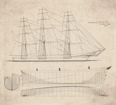 Historic Sailing Ship Plan, Clipper Ship Built in 1853, Comet, Vintage Mari.. Stock Illustration