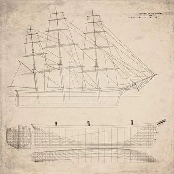 Historic Sailing Ship Plan, Clipper Ship Built in 1852, Flying Dutchman, Vi.. Stock Illustration
