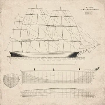 Historic Sailing Ship Plan, Clipper Ship, Gazelle, Vintage Maritime Drawing Stock Illustration