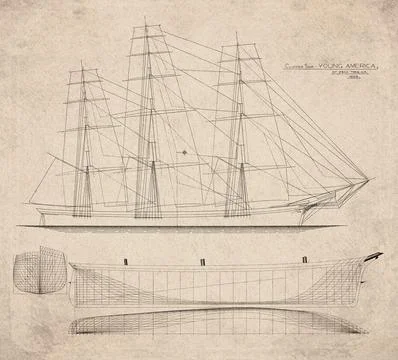 Historic Sailing Ship Plan, Clipper Ship Built in 1853, Young America, Vint.. Stock Illustration