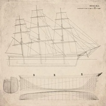 Historic Sailing Ship Plan, Medium Clipper Ship Built in 1851, Invincible, .. Stock Illustration