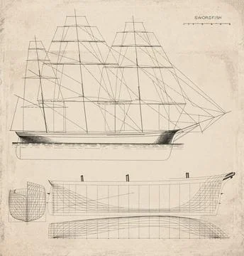 Historic Sailing Ship Plan, Medium Clipper Ship Built in 1851, Swordfish, V.. Stock Illustration