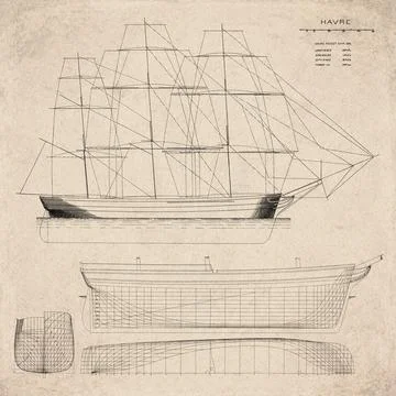 Historic Sailing Ship Plan, Packet Ship Built in 1845, Havre, Vintage Marit.. Stock Illustration