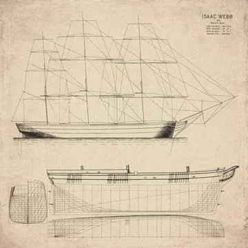 Historic Sailing Ship Plan, Packet Ship Built in 1850, Isaac Webb, Vintage .. Stock Illustration