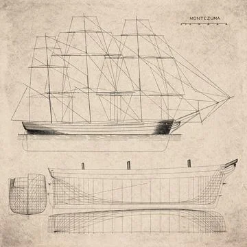Historic Sailing Ship Plan, Packet Ship Built in 1843, Montezuma, Vintage M.. Stock Illustration