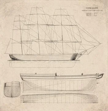 Historic Sailing Ship Plan, Packet Ship Built in 1843, Yorkshire, Vintage M.. Stock Illustration