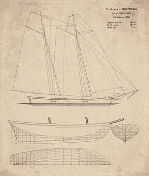 Historic Sailing Ship Plan, Pilot Boat Built in 1838, John McKeon, Vintage .. Stock Illustration