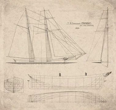 Historic Sailing Ship Plan, Schooner Built in 1853, Fanny, Vintage Maritime.. Stock Illustration