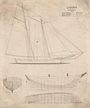 Historic Sailing Ship Plan, Schooner Built in 1842, Ligera, Vintage Maritim.. Stock Illustration