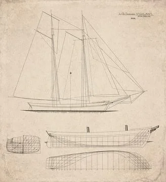 Historic Sailing Ship Plan, Schooner Built in 1843, Vigilant, Vintage Marit.. Stock Illustration