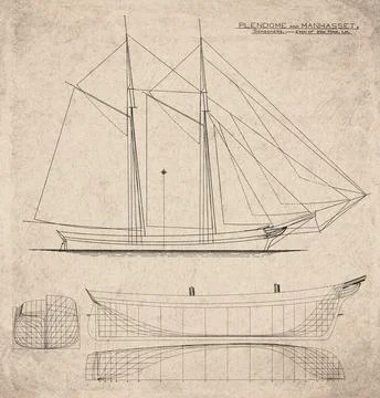 Historic Sailing Ship Plan, Schooners, Plandome and Manhasset, Vintage Mari.. Stock Illustration