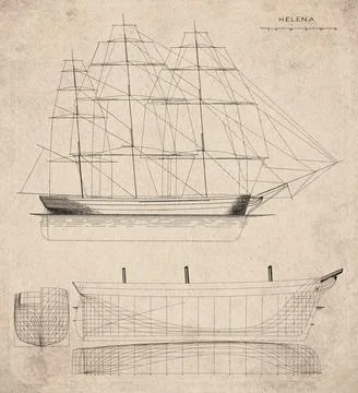 Historic Sailing Ship Plan, Ship Built in 1841, Helena, Vintage Maritime Dr.. Stock Illustration