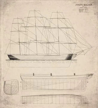 Historic Sailing Ship Plan, Ship Built in 1850, Joseph Walker, Vintage Mari.. Stock Illustration