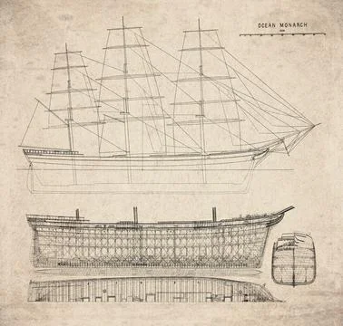 Historic Sailing Ship Plan, Ship Built in 1856, Ocean Monarch, Vintage Mari.. Stock Illustration