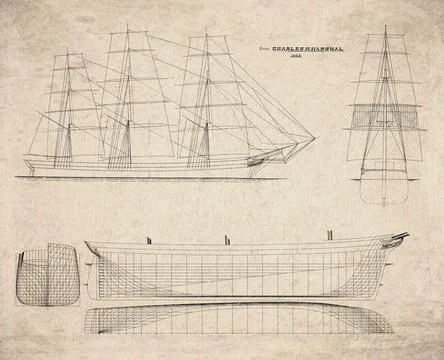 Historic Sailing Ship Plan, Three Decker Ship Built in 1869, Charles H. Mar.. Stock Illustration