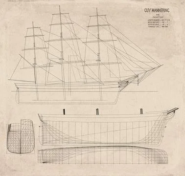 Historic Sailing Ship Plan, Three Deck Ship Built in 1849, Guy Mannering, V.. イラスト素材