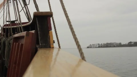 Historic sailing Tall-Ship - Rigging &amp; Masts sailing down river Stock Footage 102740326