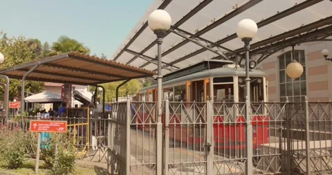 Historic Sassi-Superga tramway train at the station in Turin, Italy. Classic Stock Footage 340072479