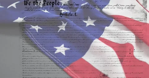 Historic script appearing, American flag gently waving and revealing stripes, Stock Footage 329786436