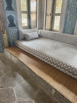 Historic Seating Area with Patterned Sofa Stock Photos