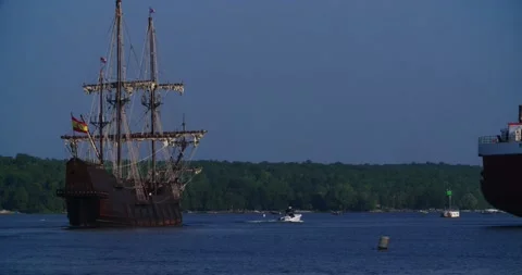 Historic Ship Sailing Left To Right In Sturgeon Bay, Wisconsin Stock Footage 149695653