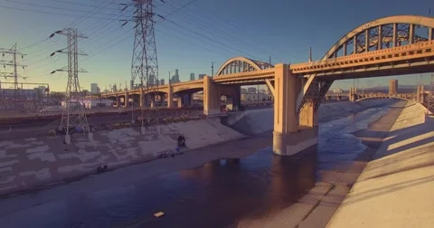 Historic Sixth Street Bridge LA river downtown city Los Angeles aerial view 4K Stock Footage