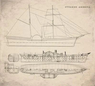 Historic Steamship Plan, Side Wheel Steamer Built in 1855, America, Vintage.. Stock Illustration